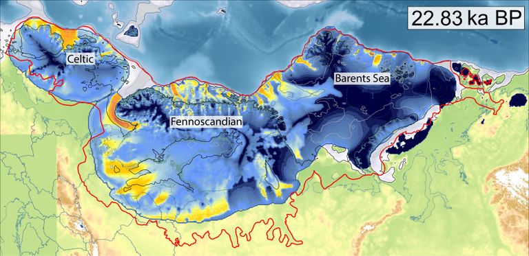 Jäätumise maksimumiks ligi 23 000 aastat tagasi oli kolmest eraldi jääkilbist saanud juba üks suur mandriliustik.