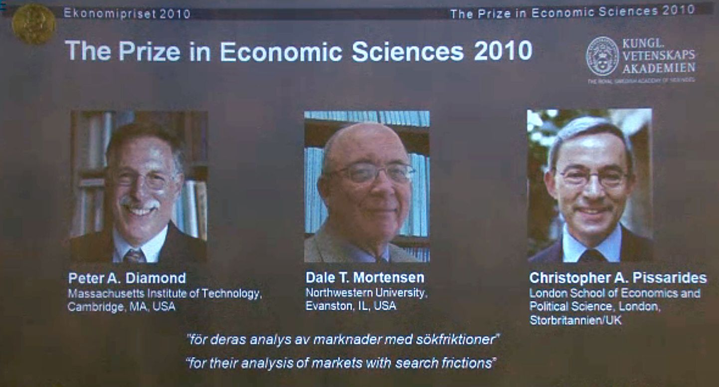 Tänavu pärjati majandus-Nobeliga Peter A. Diamondit, Dale T. Mortenseni ja Christopher A. Pissaridesi'i.