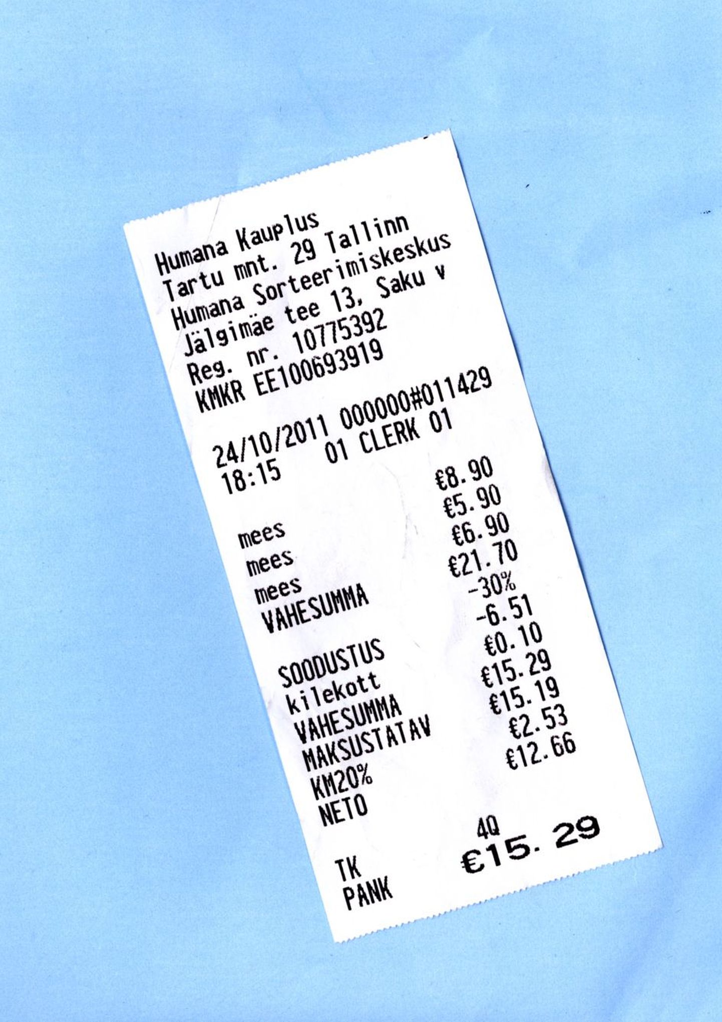 Humana poest saadud kummalise tšeki järgi ei maksa kolm meest sugugi rohkem kui 15,29 eurot.