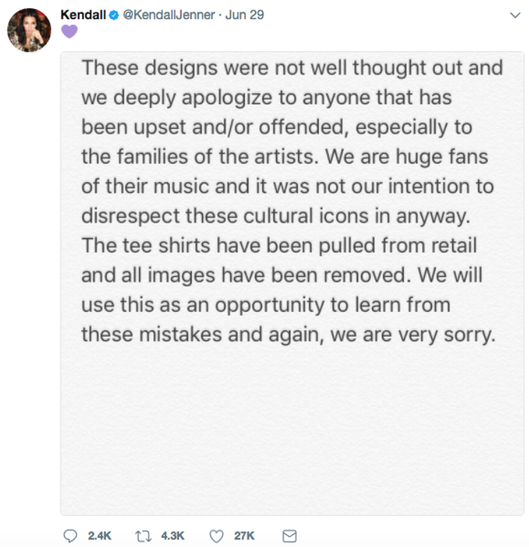 Kendall Jenneri postitus Twitteris, kus vabandab kõige eest ja kõigi ees. Täpipealt sama pilt on lisatud ka õe Kylie kontole.