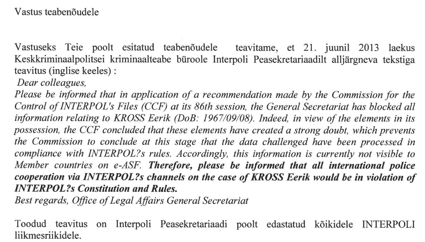 Interpoli viimane ametlik teade Eerik-Niiles Krossi asjas suvest 2013.