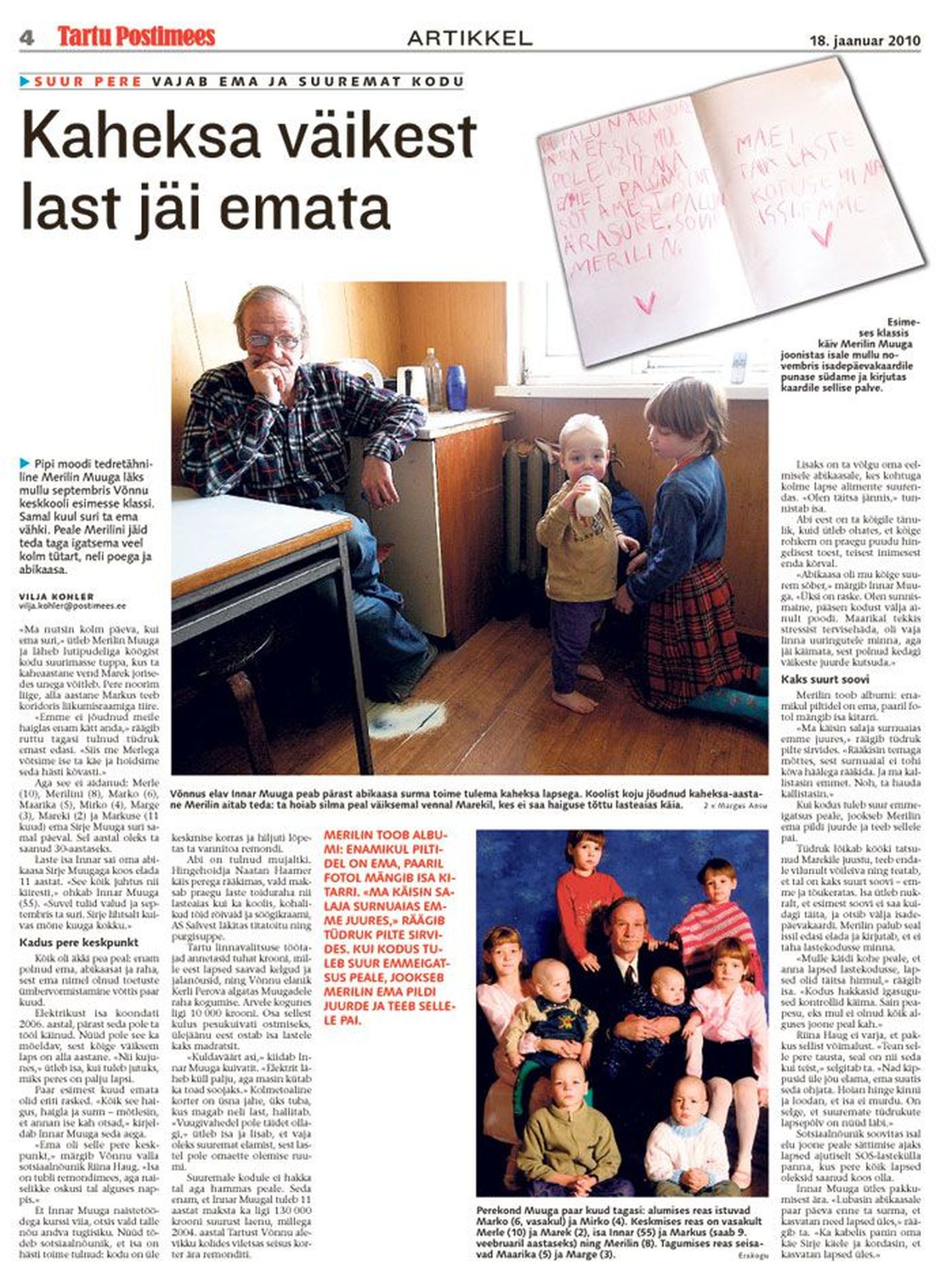 Tartu Postimees avaldas loo ema kaotanud Võnnu perest 18. jaanuaril.