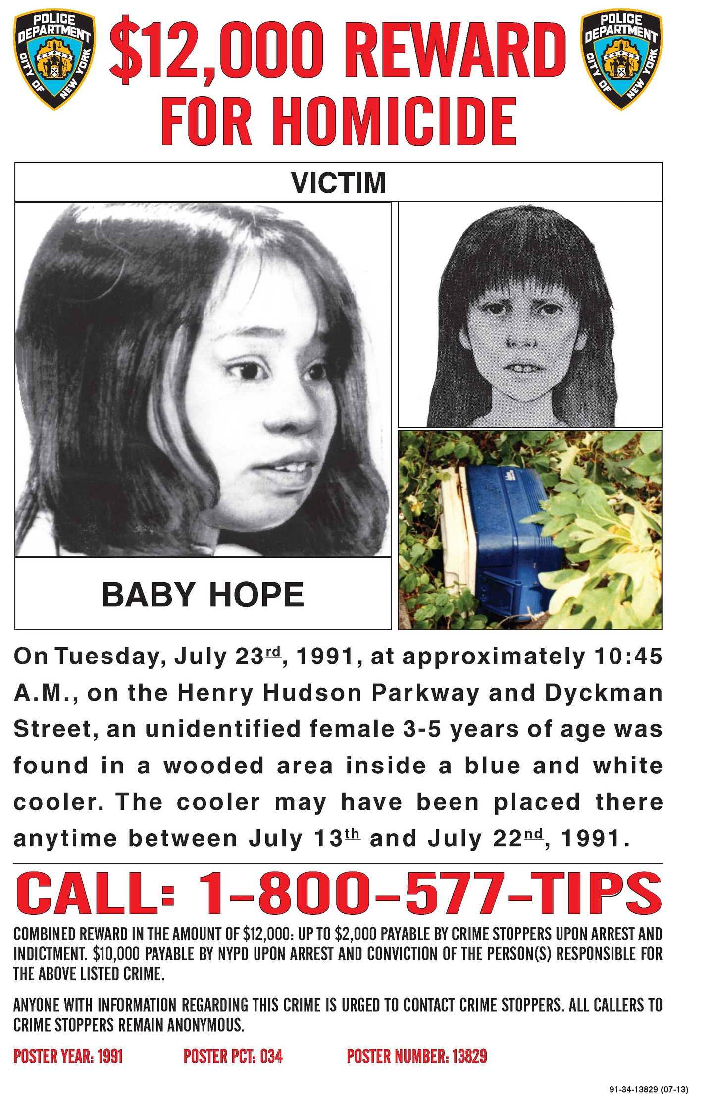New Yorgi politsei plakat Baby Hope`i juhtumi lahendamise vihjete eest pakutava 12 000 dollari suuruse summaga