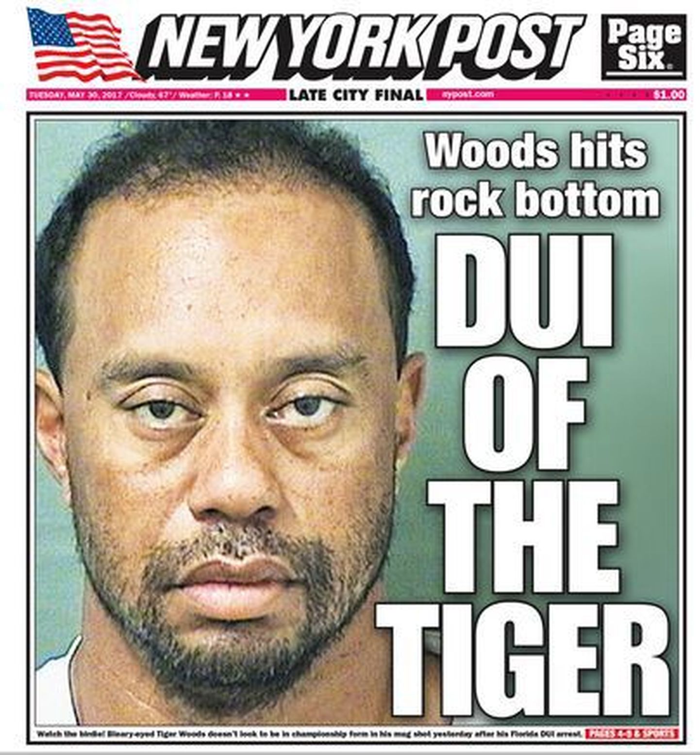 Tiger Woods väljaande New York Post esileheküljel