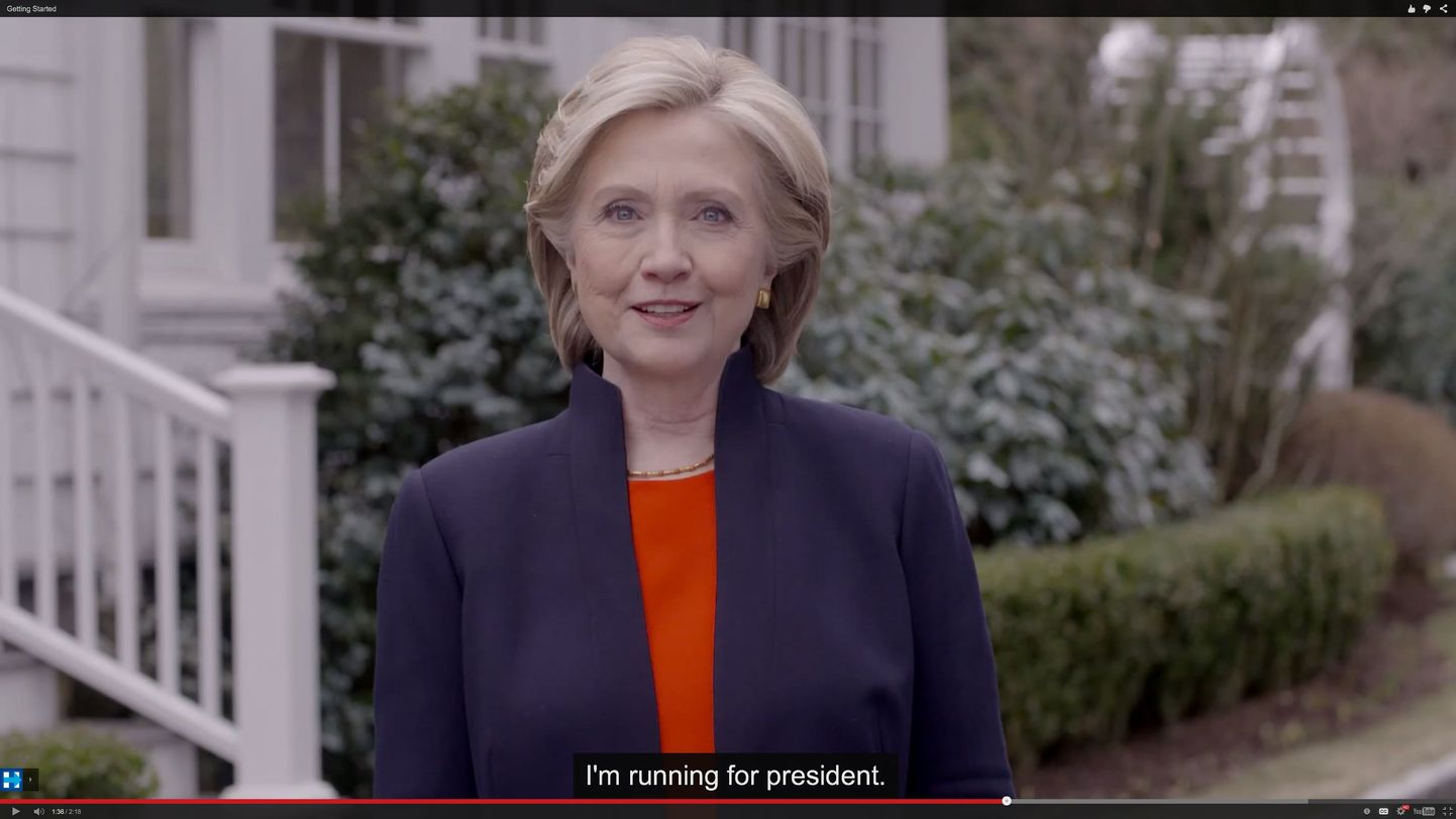 Kaader Hillary Clintoni eilsest videost, kus ta teatas USA presidendiks kandideerimisest.