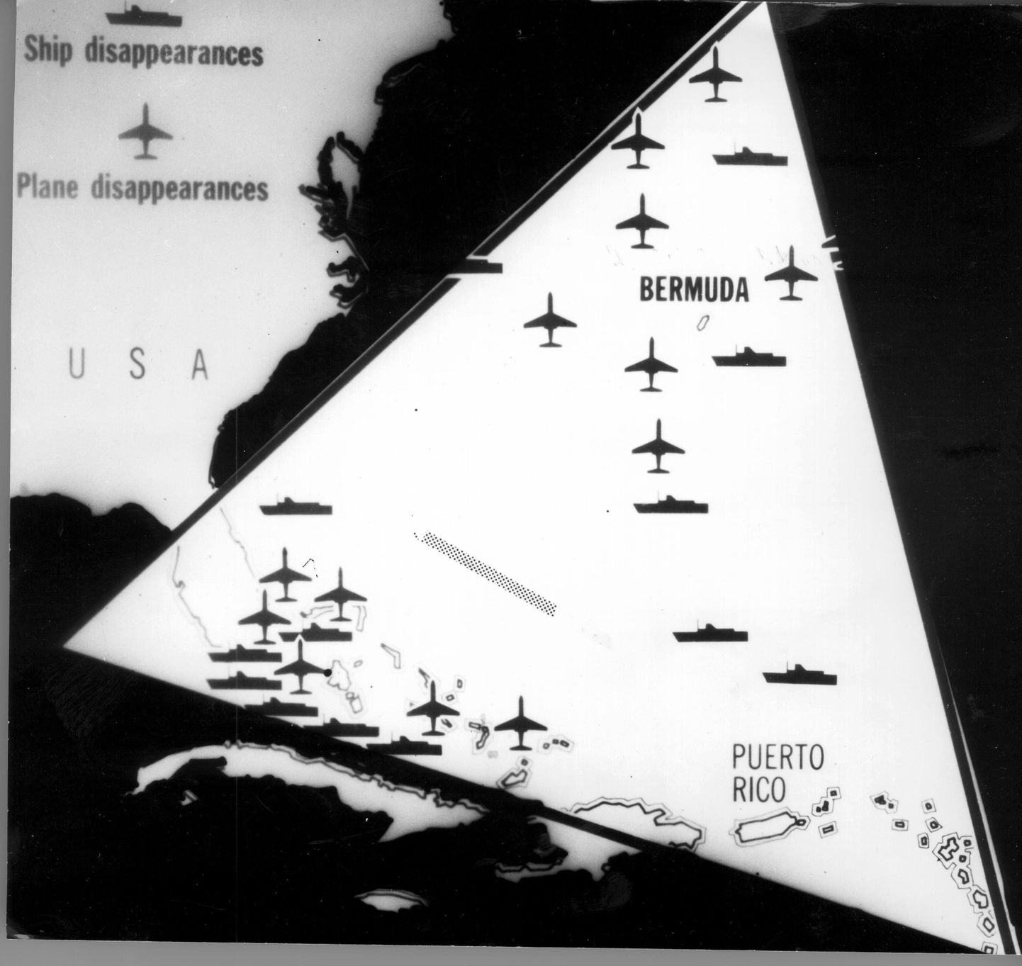 Bermuda kolmnurk. Kaardil kujutavad lennukite ikoonid kaduma läinud lennukeid ja laevad kadunud laevu.