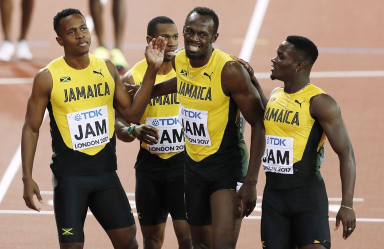 Jamaica teatenelik (vasakult): Julian Forte, Yohan Blake, Usain Bolt ja Omar McLeod. / ADRIAN DENNIS/AFP/Scanpix