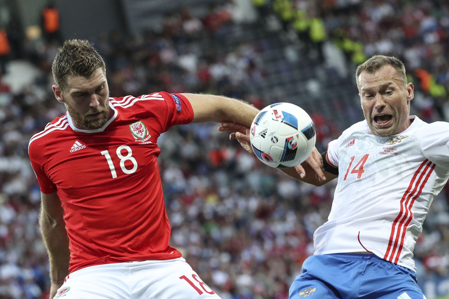 Василий Березуцкий (справа) в матче против Уэльса на Евро-2016.