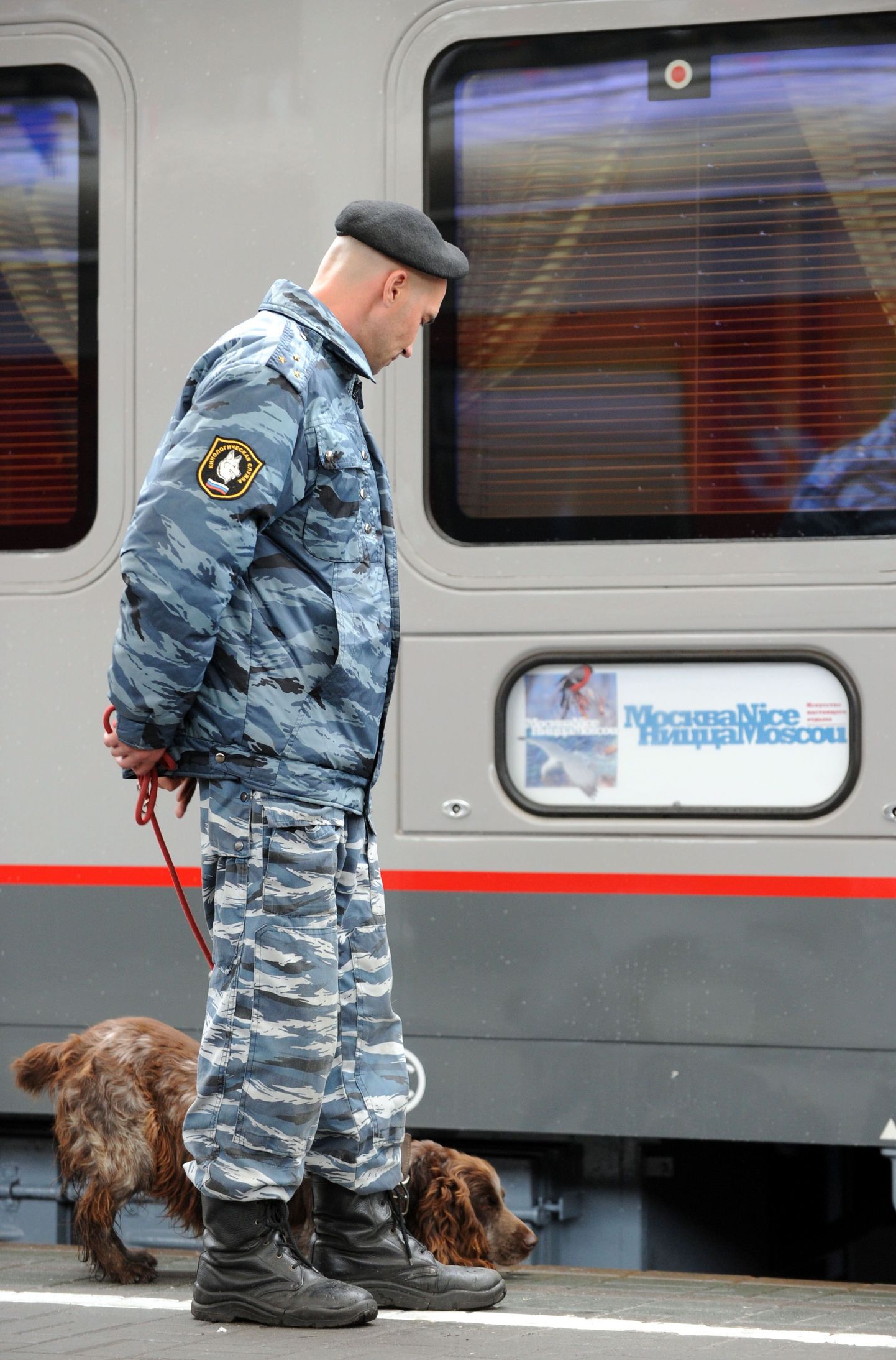 Moskva miilitsatöötaja koos eriväljaõppe saanud koeraga
