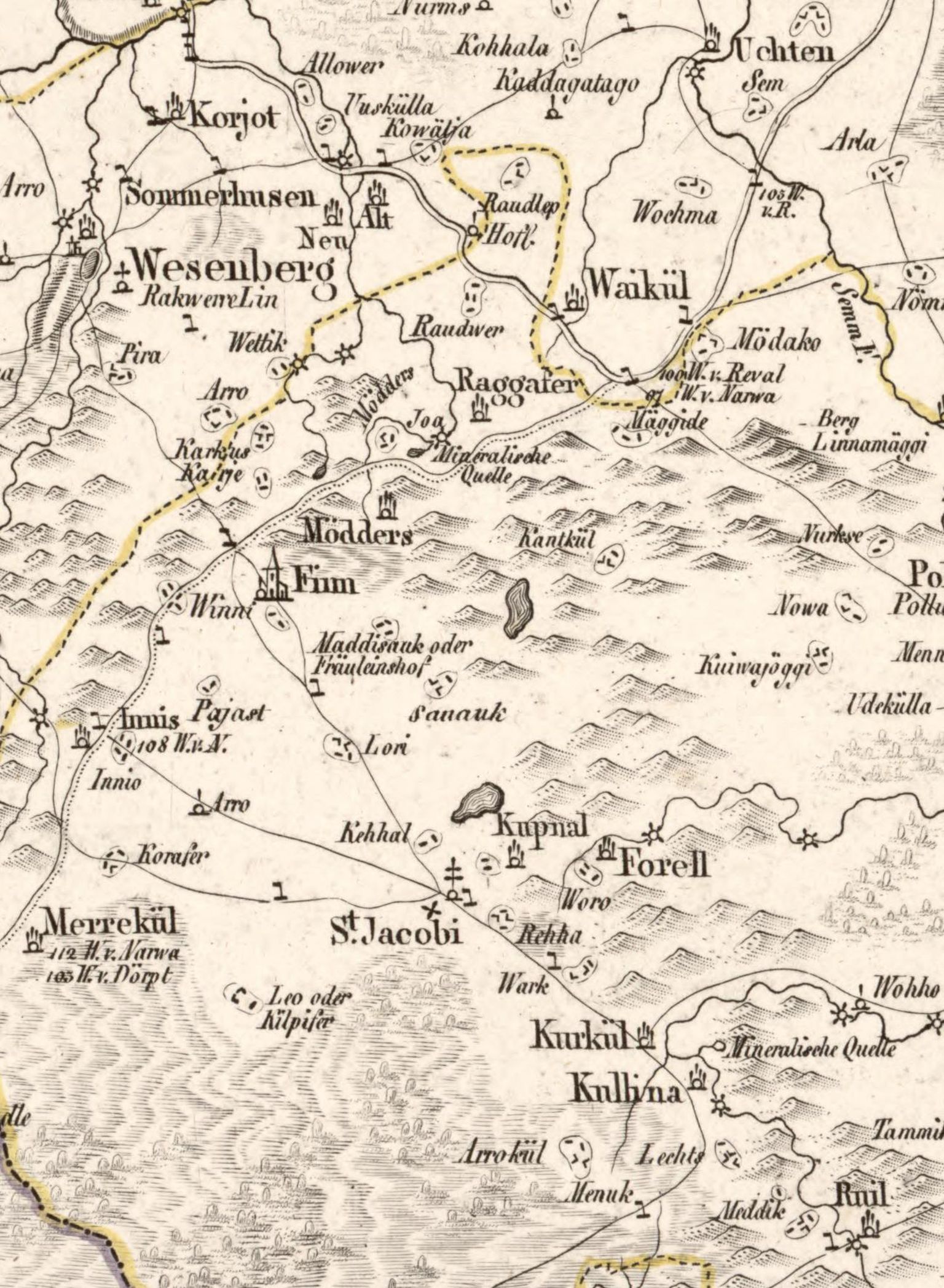 Väljavõte krahv Ludwig August Mellini 1789. aastal avaldatud atlase Virumaa kaardilehelt, kus on kujutatud pea kõik artiklis nimetatud paigad. (Semm F! – Kunda jõgi, Finn – Vinni mõis, Pajast – Pajusti, Innis – Inju, Ruil – Roela).