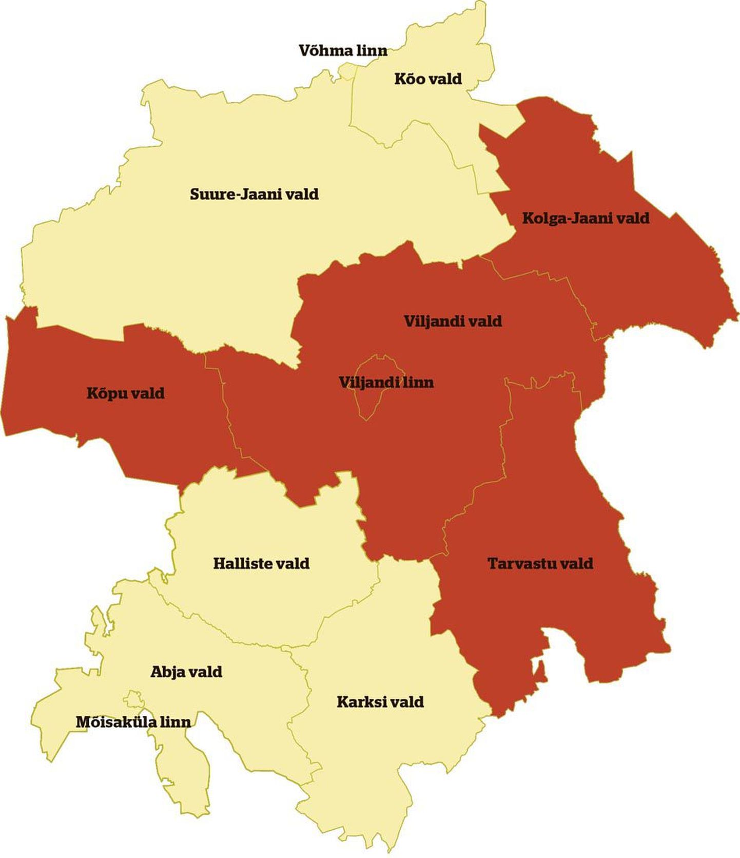 Kui kõik omavalitsused, keda Viljandi vallavolikogu praegu ühinemisläbirääkimistele kutsub, peaksid tõepoolest ühinema, tekiks maakonna keskossa vald (kaardil märgitud punasega), mille pindala küüniks üle 1600 ruutkilomeetri.