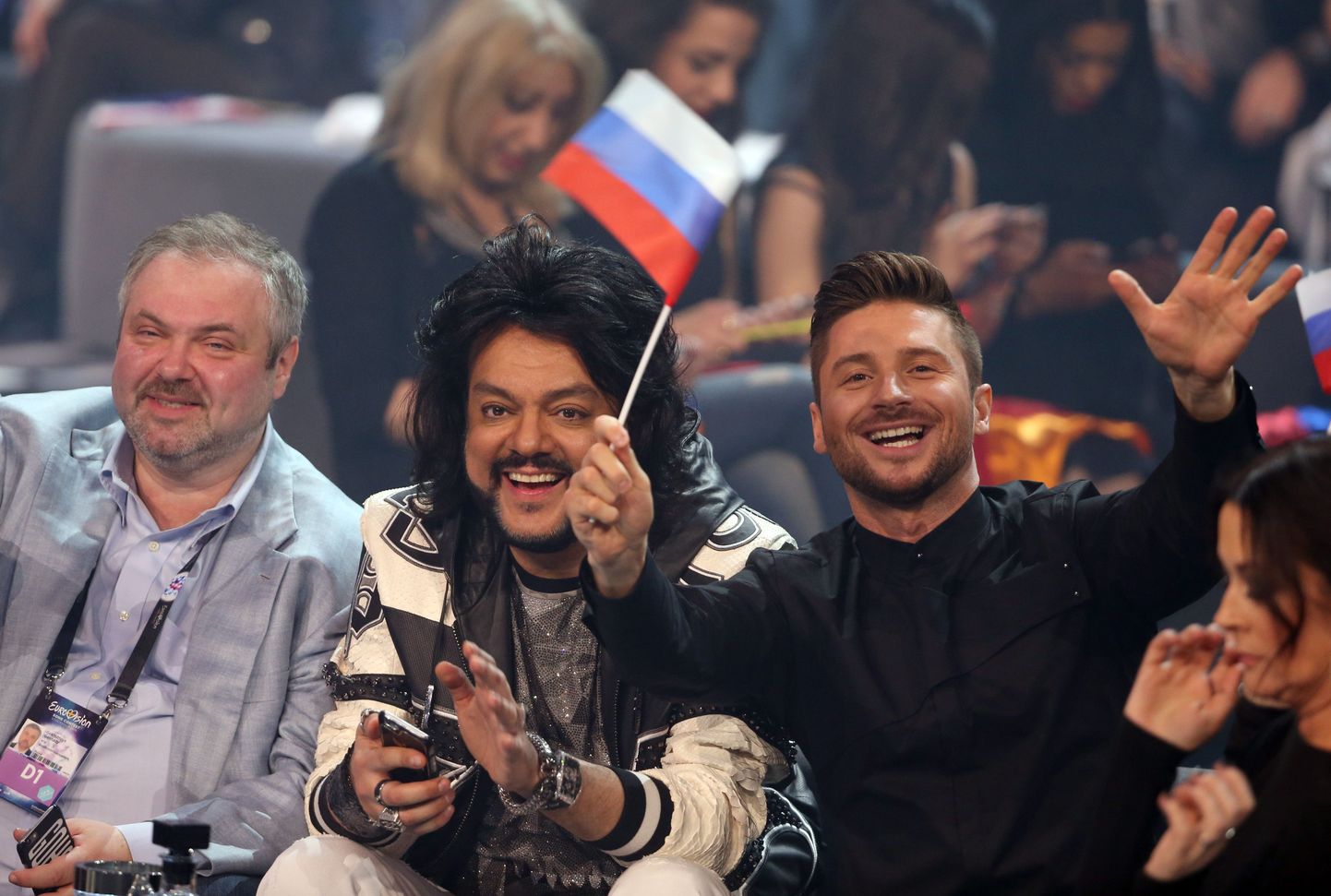STOCKHOLM, SWEDEN. MAY 10, 2016. Gennady Gokhshtein, chief entertainment producer at the Rossiya-1 TV Channel, Russian singer Filipp Kirkorov and singer Sergey Lazarev (L-R) representing Russia during the 1st Semi Final of the 61st annual Eurovision Song Contest at the Ericsson Globe in Stockholm, Sweden. Vyacheslav Prokofyev/TASS