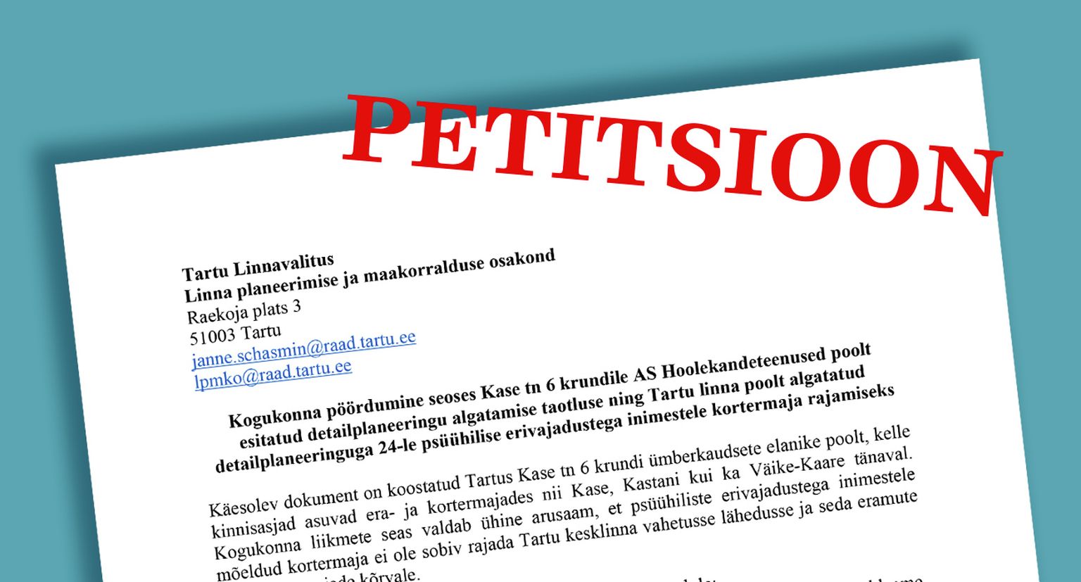 Vaksali rajooni elanike esitasid petitsioon, milles nõuavad Kase 6 krundile psüühilise erivajadusega inimeste kodu detailplaneeringu lõpetamist.
