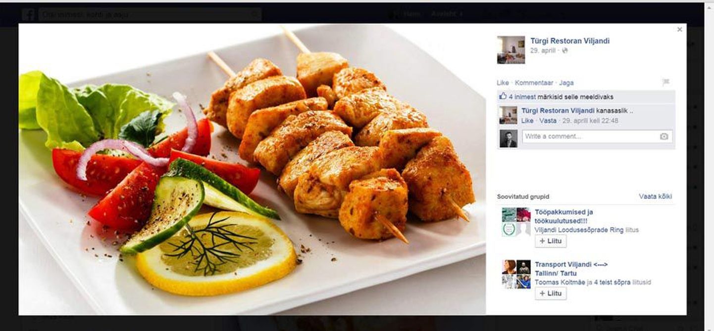 Kanašašlõki pilt, mis on üleval restorani Facebooki lehel.