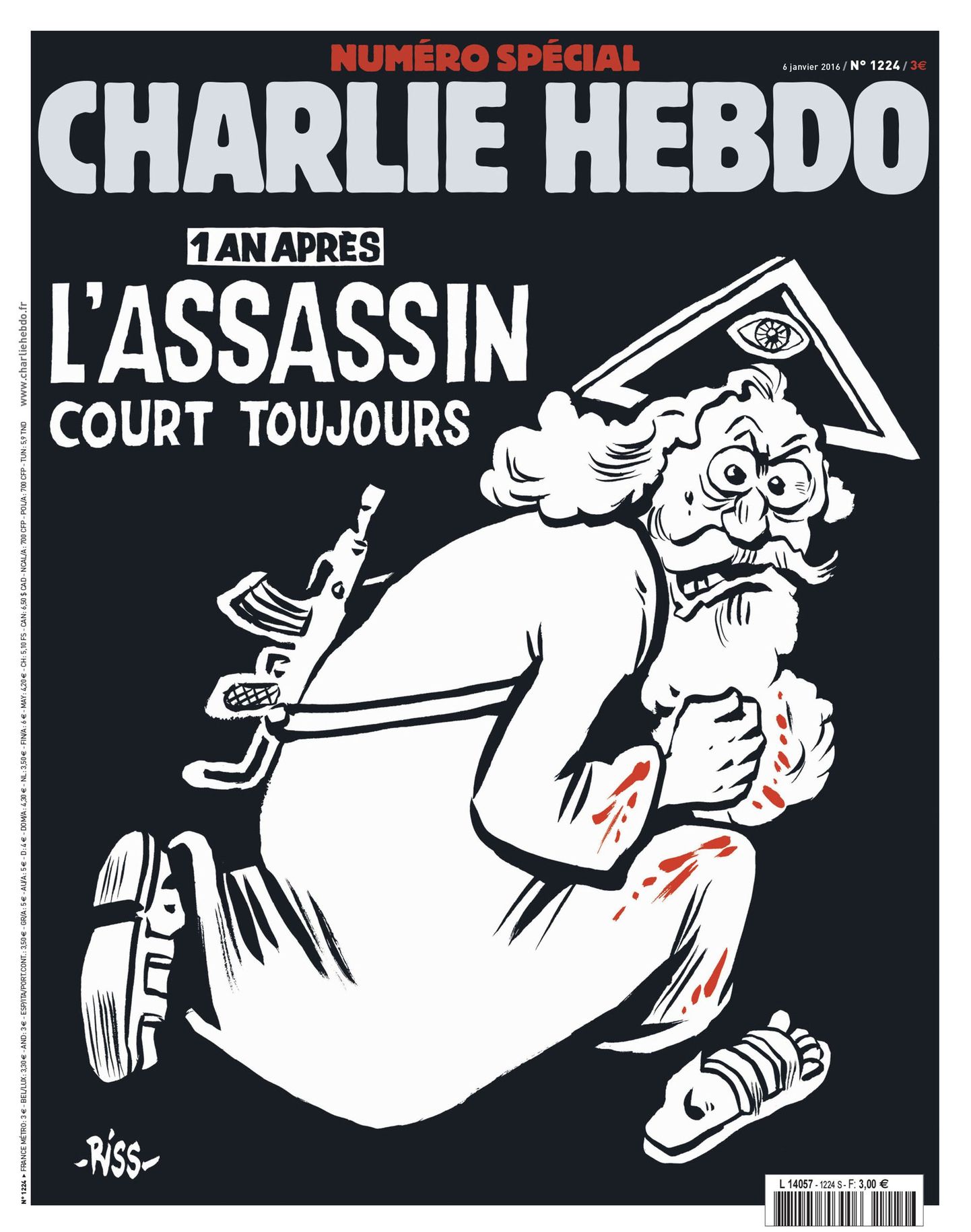 На обложке специального выпуска французского сатирического журнала Charlie Hebdo изображен бородатый «Бог» в окровавленной одежде, вооруженный автоматом Калашникова.