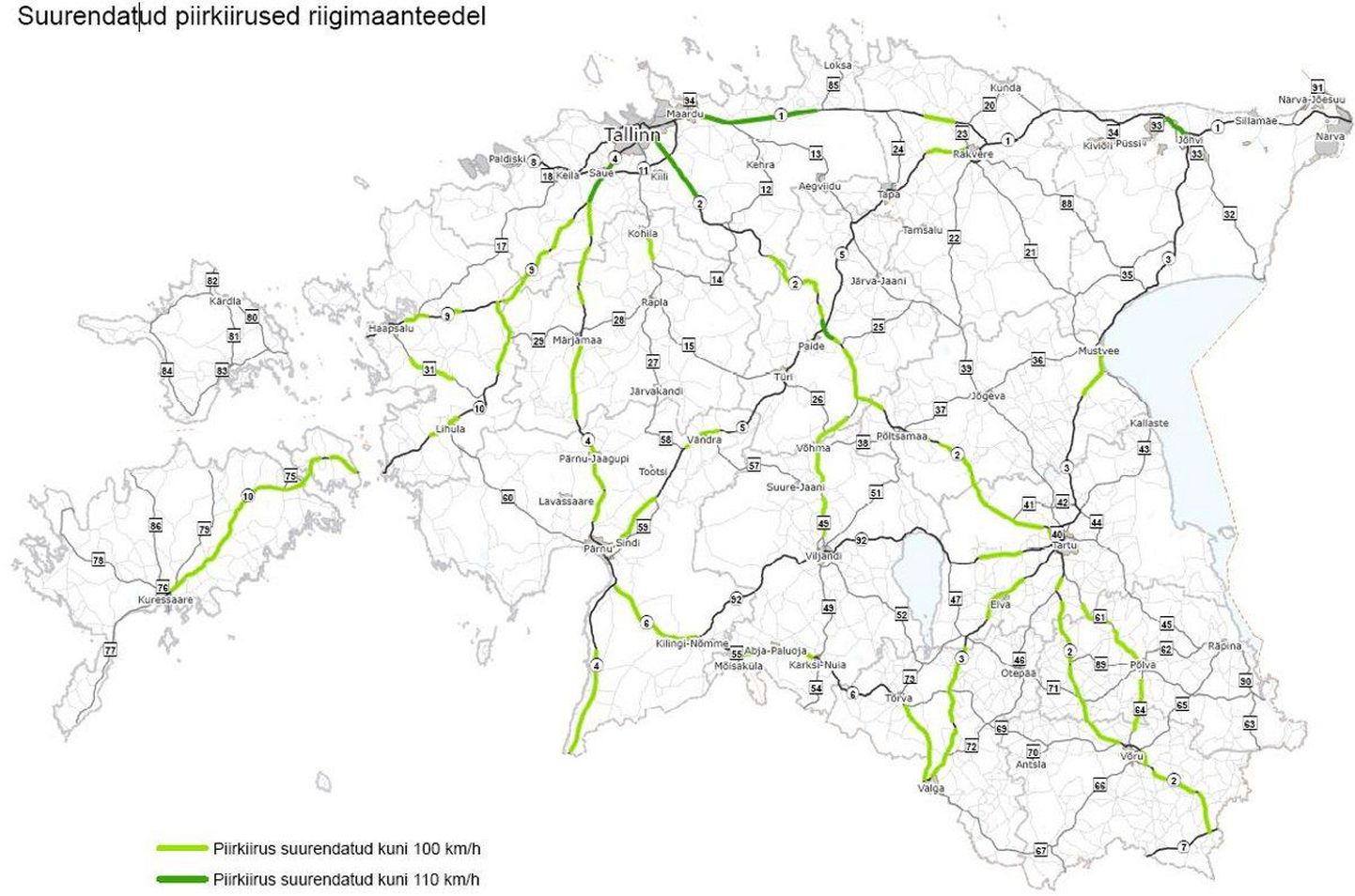Suurendatud piirkiirusega teelõigud Eesti maanteedel 2011. aastal.
