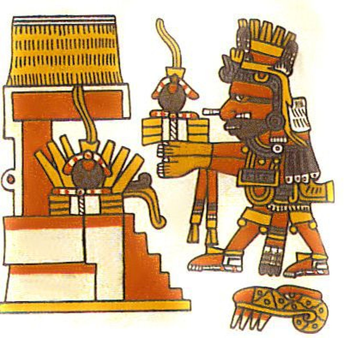 Religioosse sisuga joonis, millel on kujutatud asteekide jumalat Xiuhtecuhtlit kummipalle templis ohverdamas