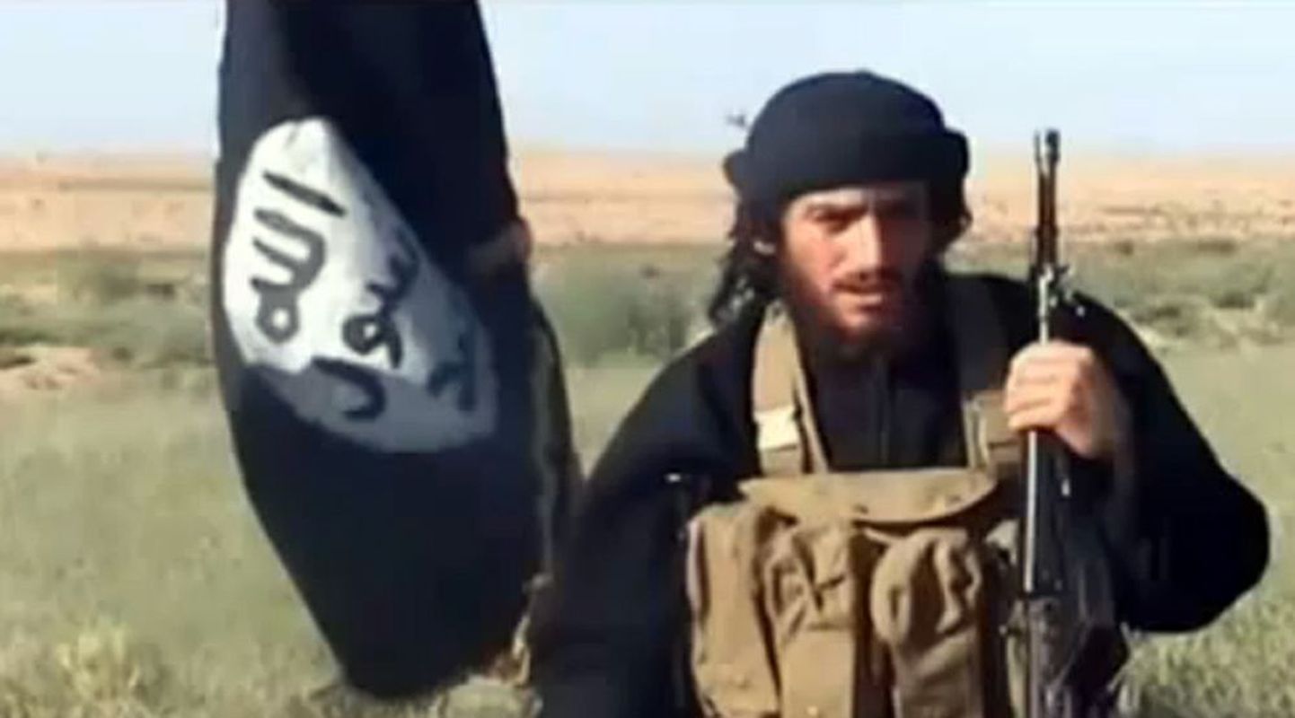 ISISe võitleja ja kõneisik Abu Mohammad al-Adnani al-Shami ISISe lipu kõrval