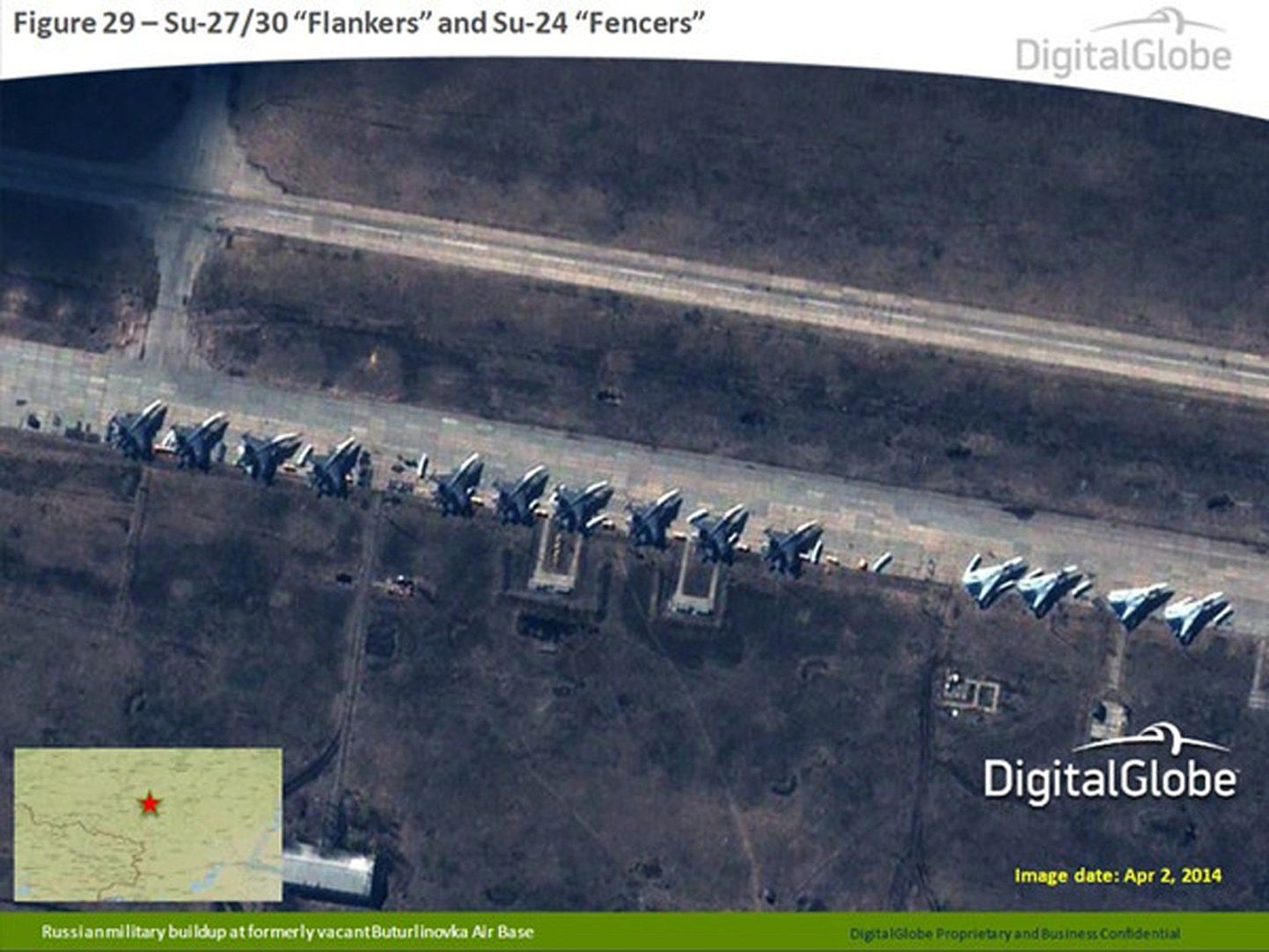 NATO satelliidi vahendusel saadud fotod 10. aprillil, mis näitavad Vene sõjalennukeid SU-27/30 ja Buturlinovka lennubaasis, mis jääb 150 km Ukraina piirist.