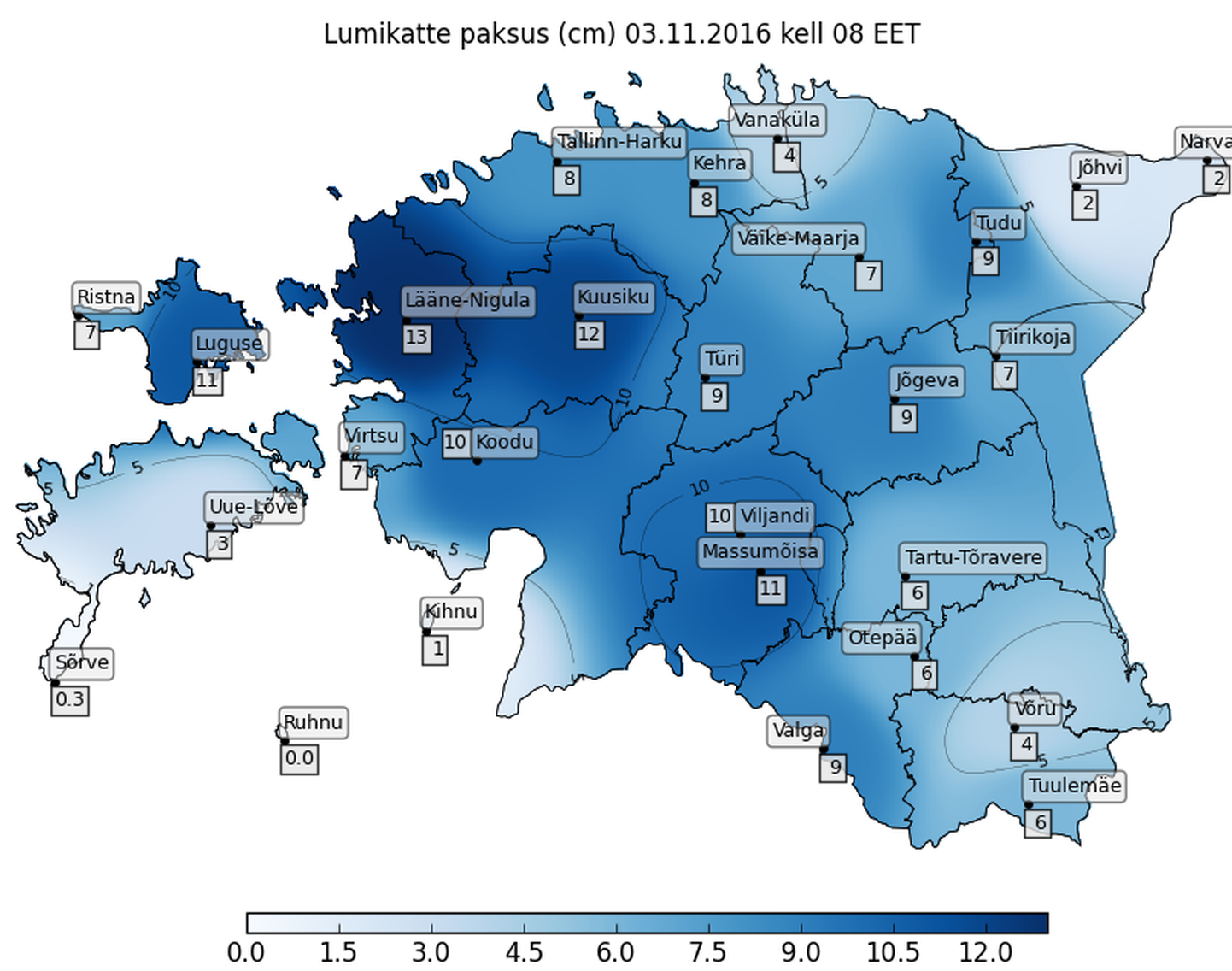 Lumeolud Eestis täna hommikul kell 8
