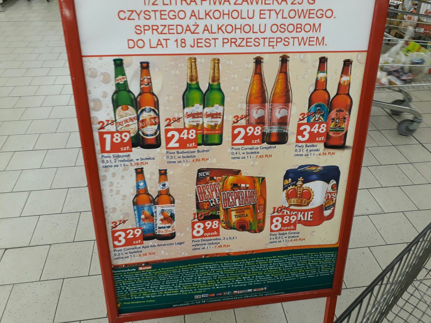 Цены на светлое пиво Budweiser в Польше.