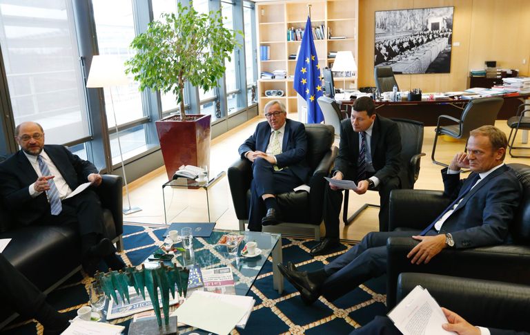 Vasakult paremale: Euroopa Parlamendi president Martin Schulz, Euroopa Komisjoni president Jean-Claude Juncker, tema kabinetiülem Martin Selmayr ja Ülemkogu alaline eesistuja Donald Tusk päev pärast Briti referendumit Brüsselis. Foto: SCANPIX