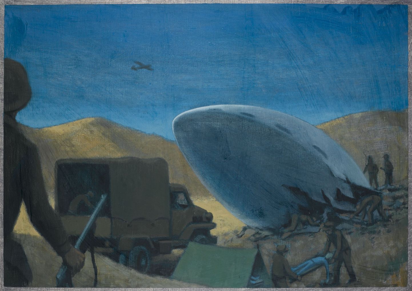 Kunstniku kujutis vandenõuteooriast, mille kohaselt USA armee leidis Roswellis maandunud tulnukate jäänuseid ja üritas neid peita.