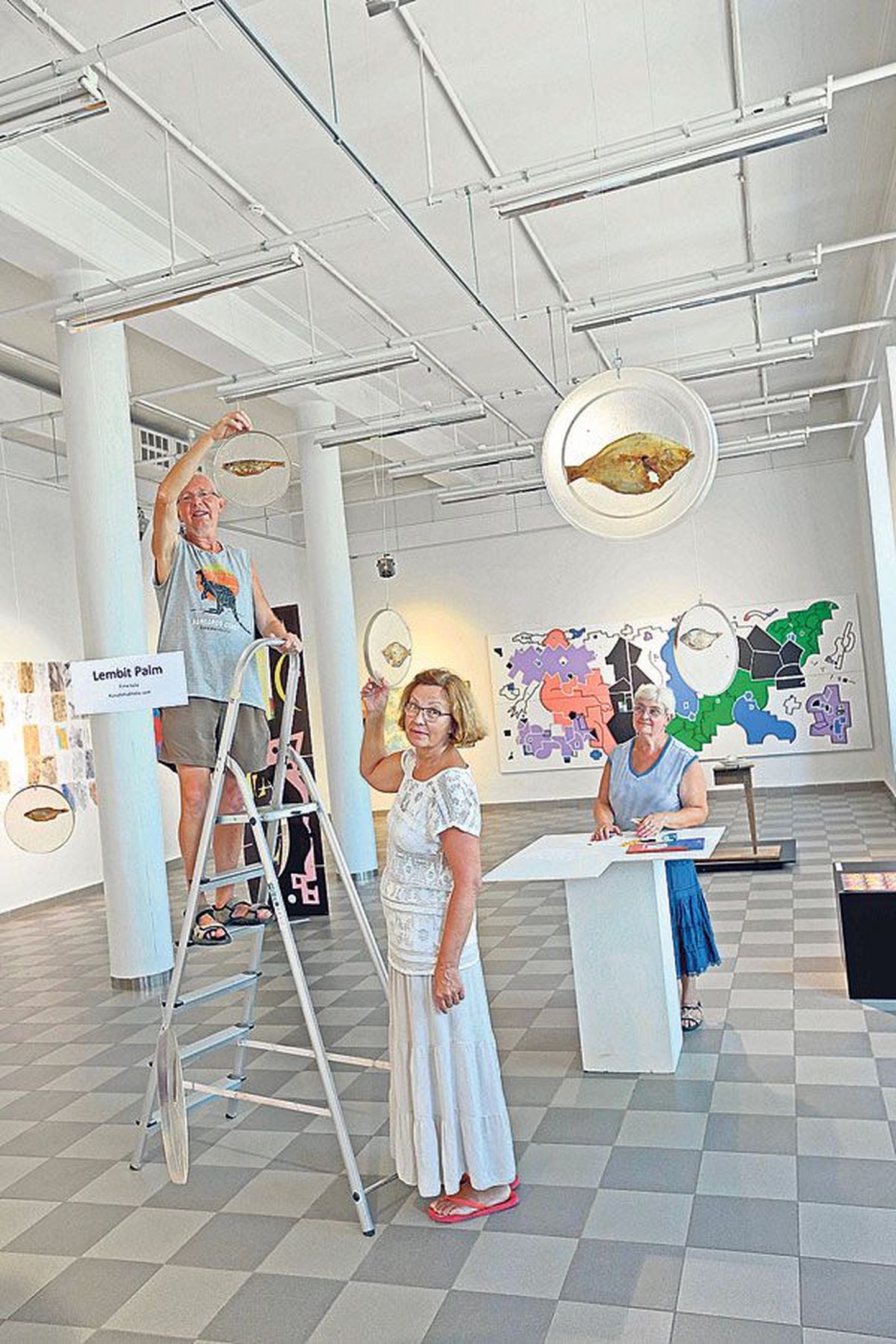 Näituse kujundamise viisid esmaspäeval lõpule kursusekaaslased Ilmar Anvelt (vasakult), Mari Nõmmela – mõlemad sätivad Lembit Palmi installatsiooni «Pime kala» – ja Sirli Rebaste.