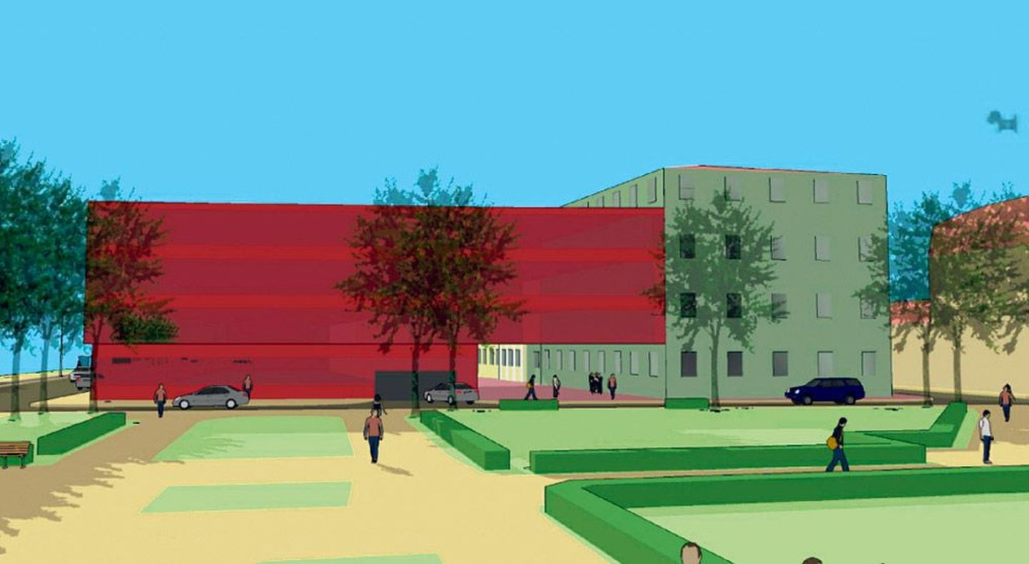 Vaade raamatukogu ja kunstimuuseumi ühishoonele Vabaduse puiestee ääres haridusministeeriumi poolt. Punasega on visandatud uushoone maht.