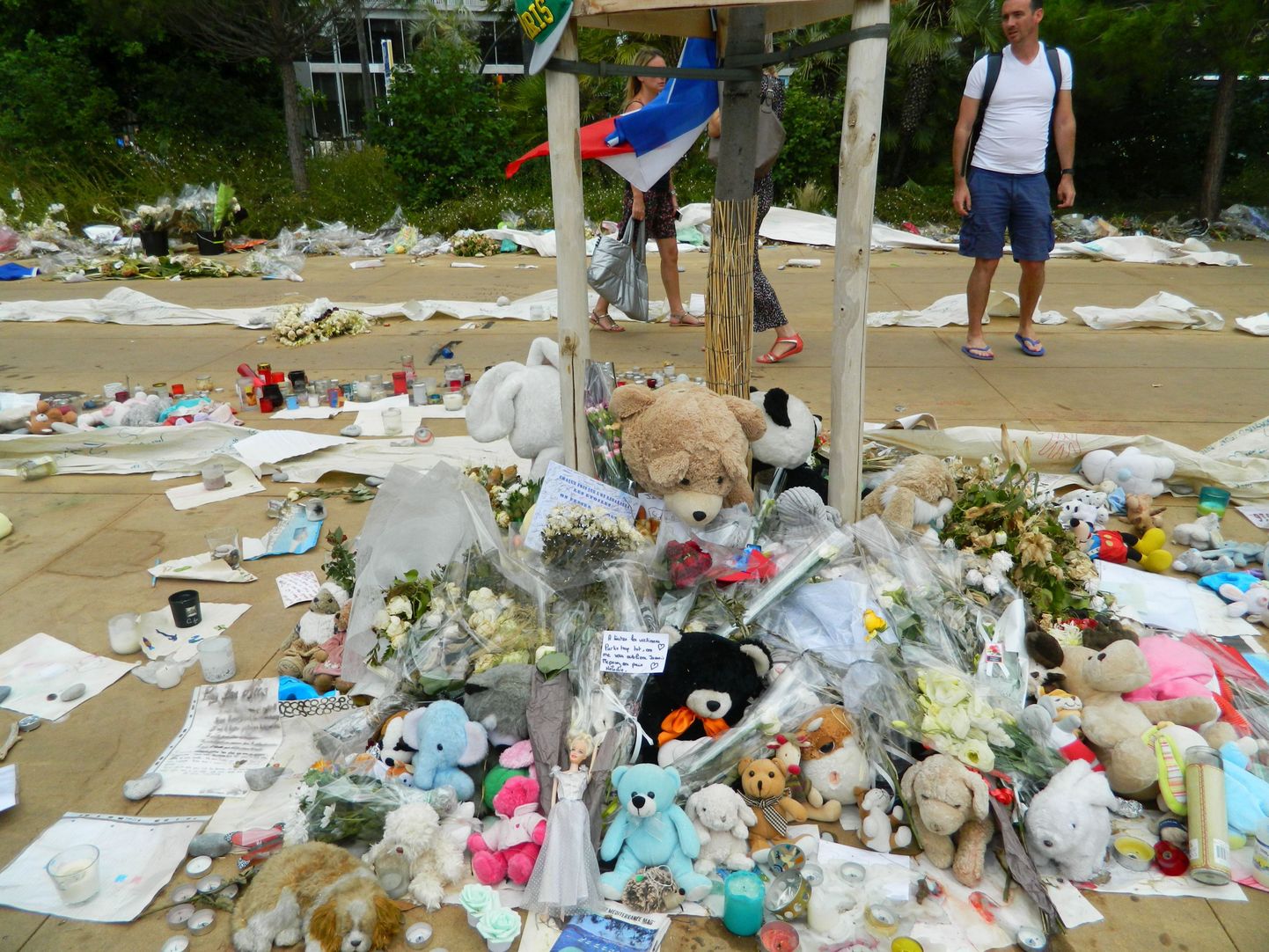 В память о погибших и пострадавших во время теракта на Английской набережной в Ницце люди приносят к месту трагедии цветы, свечи, письма и мягкие игрушки, в основном медвежат.