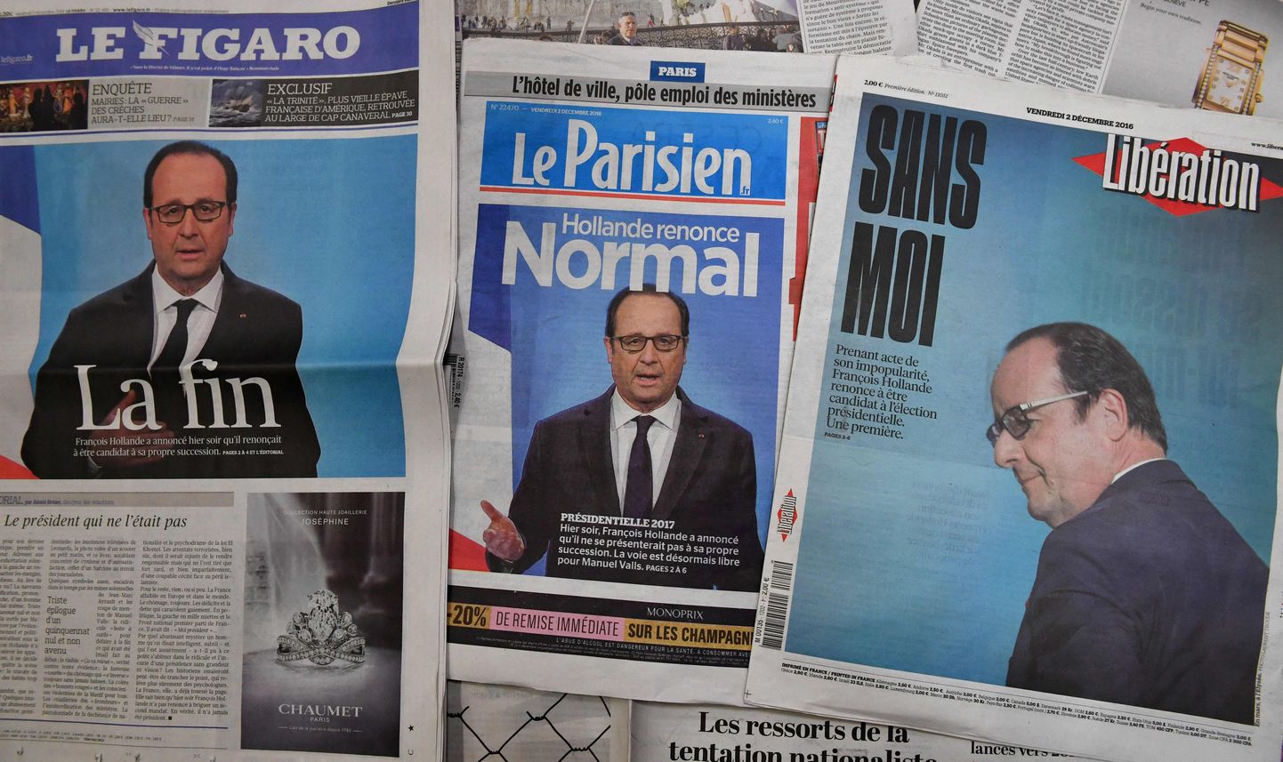 Prantsuse ajalehed, mille esikaasi ehib uudis president Francois Hollande'i teatest.