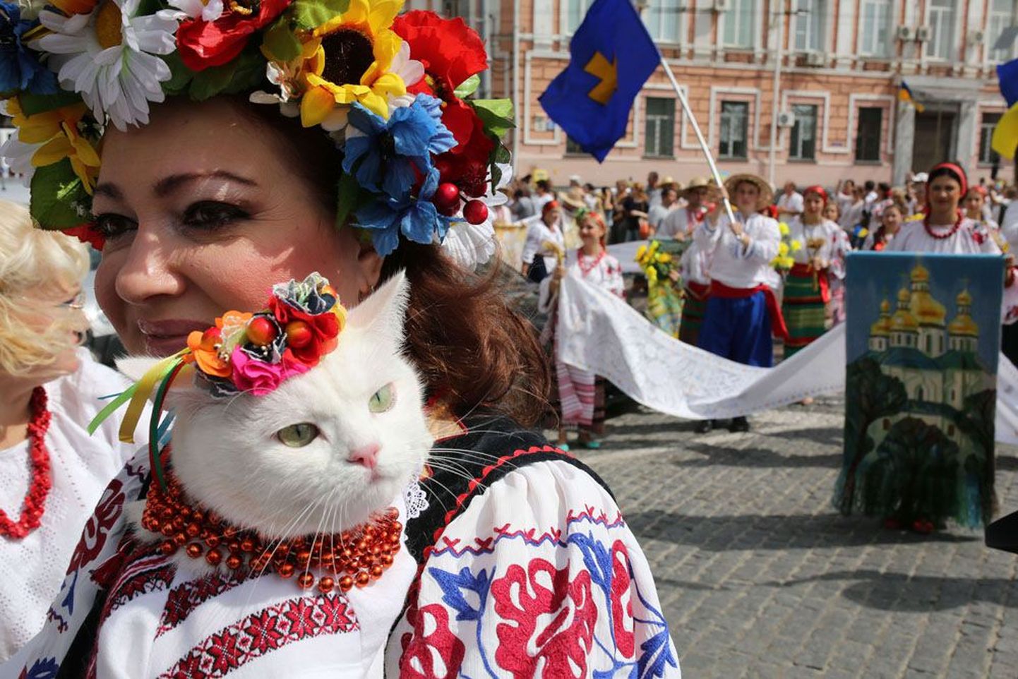 На парад в честь независимости Украины в Киеве многие пришли в национальных костюмах, нарядив в них даже домашних любимцев.