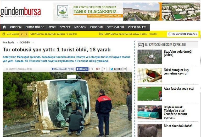 Türgis hukkus Eesti turist. Ekraanitõmmis kohalikust ajalehest Gündembursa: http://www.gundembursa.com/haber/tur-otobusu-yan-yatti-1-turist-oldu-18-yarali-g113285b.html