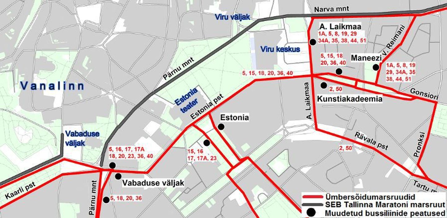 Ühistranspordiskeem seoses SEB Tallinna Maratoniga Tallinna kesklinna tänavatel 14. septembril kella 8st kuni 16ni.