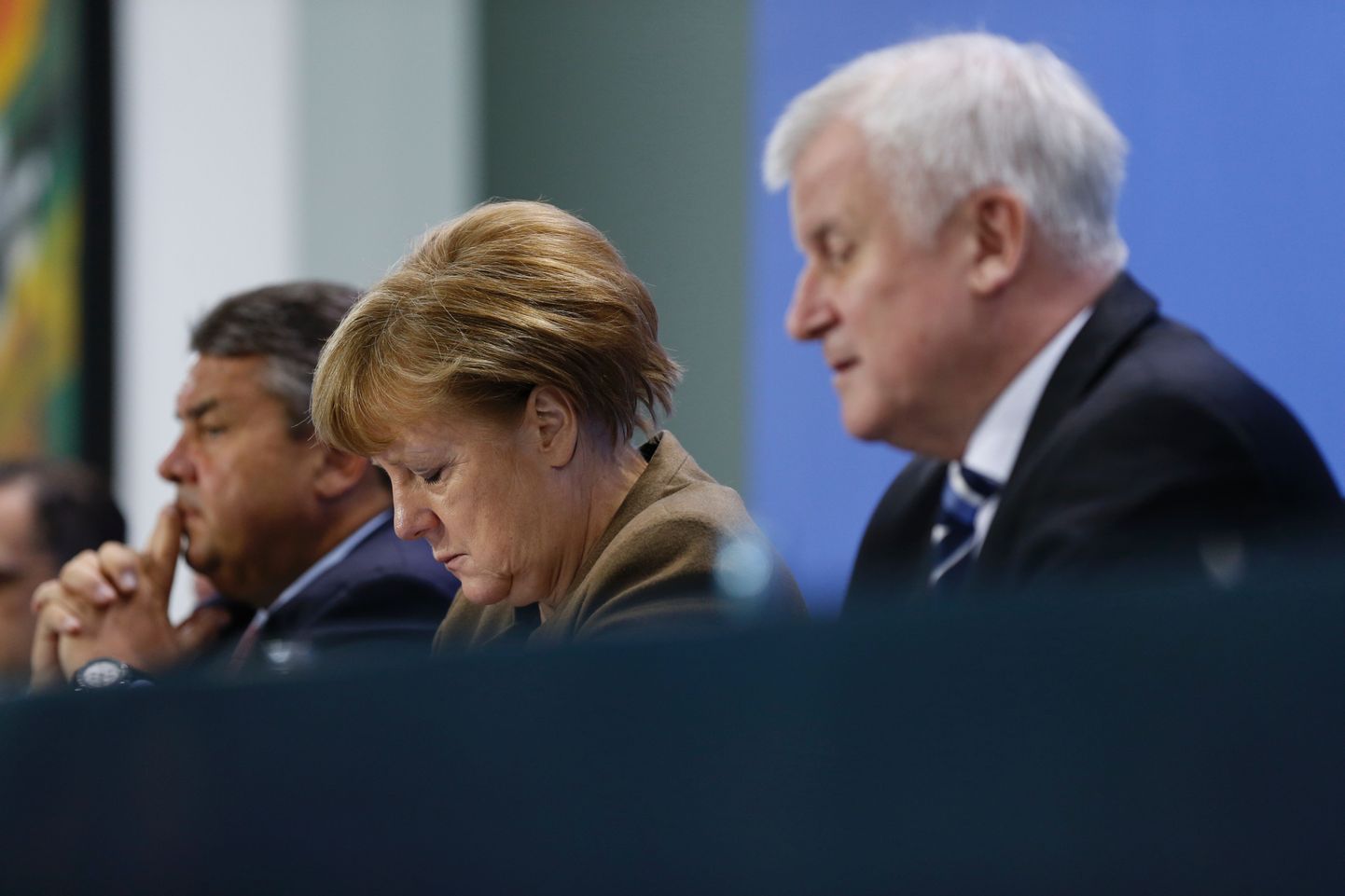 Asekantsler Sigmar Gabriel, kantsler Angela Merkel ja Baieri liidumaa esindaja Horst Seehofer
