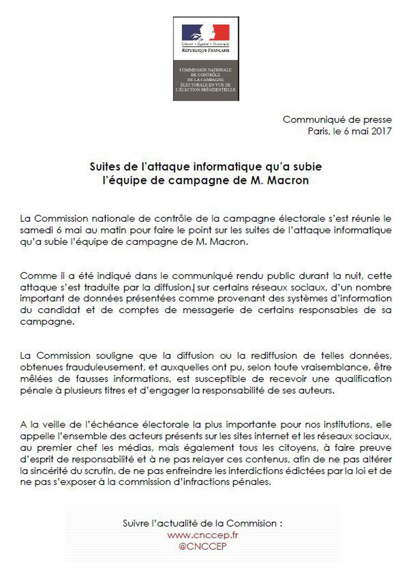Prantsuse keskvalimiskomisjoni avaldatud keeluteade lekete avalikustamise kohta.