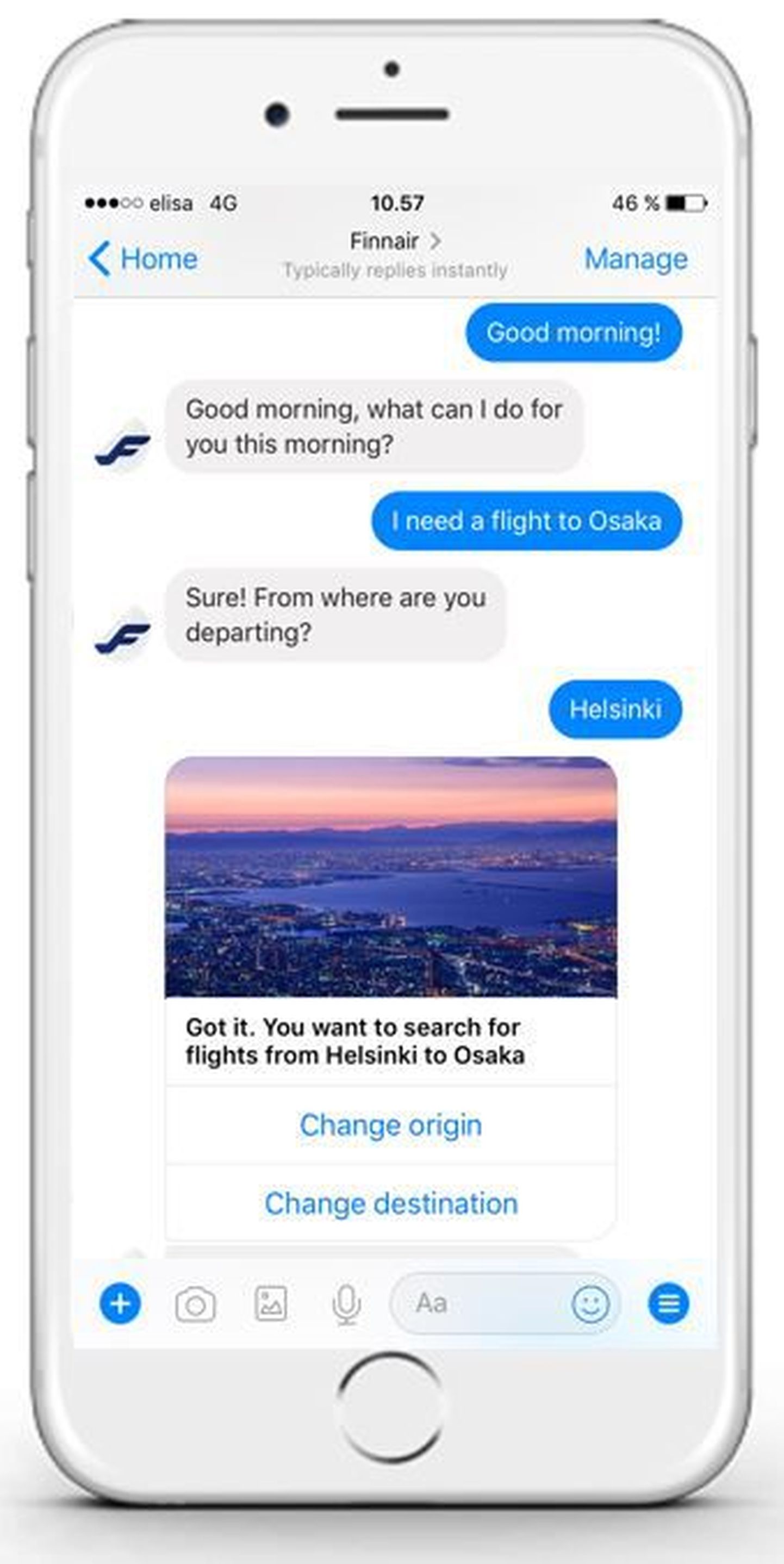 Selline näeb välja Facebooki vestlus Finnairi juturobotiga.