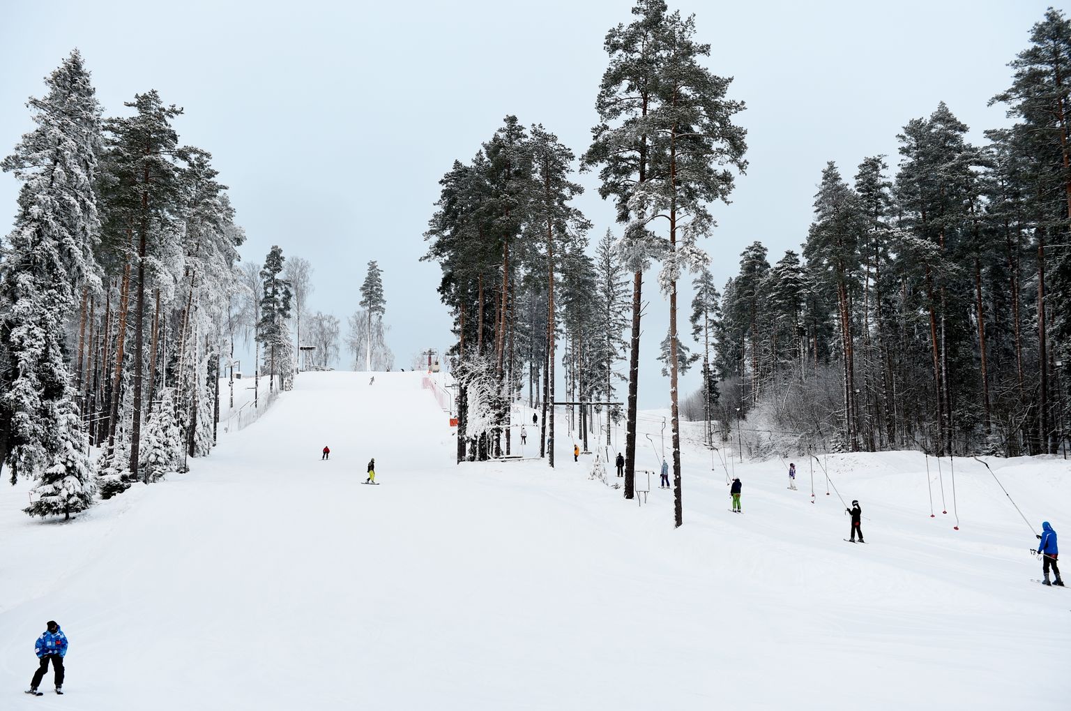 Slēpotāji un snovbordisti "Riekstukalna" trasē Baldonē.