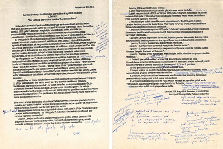 Проект Декларации о независимости (версия на 9 апреля 1990 года) с заметками депутата Талавса Юндзиса 