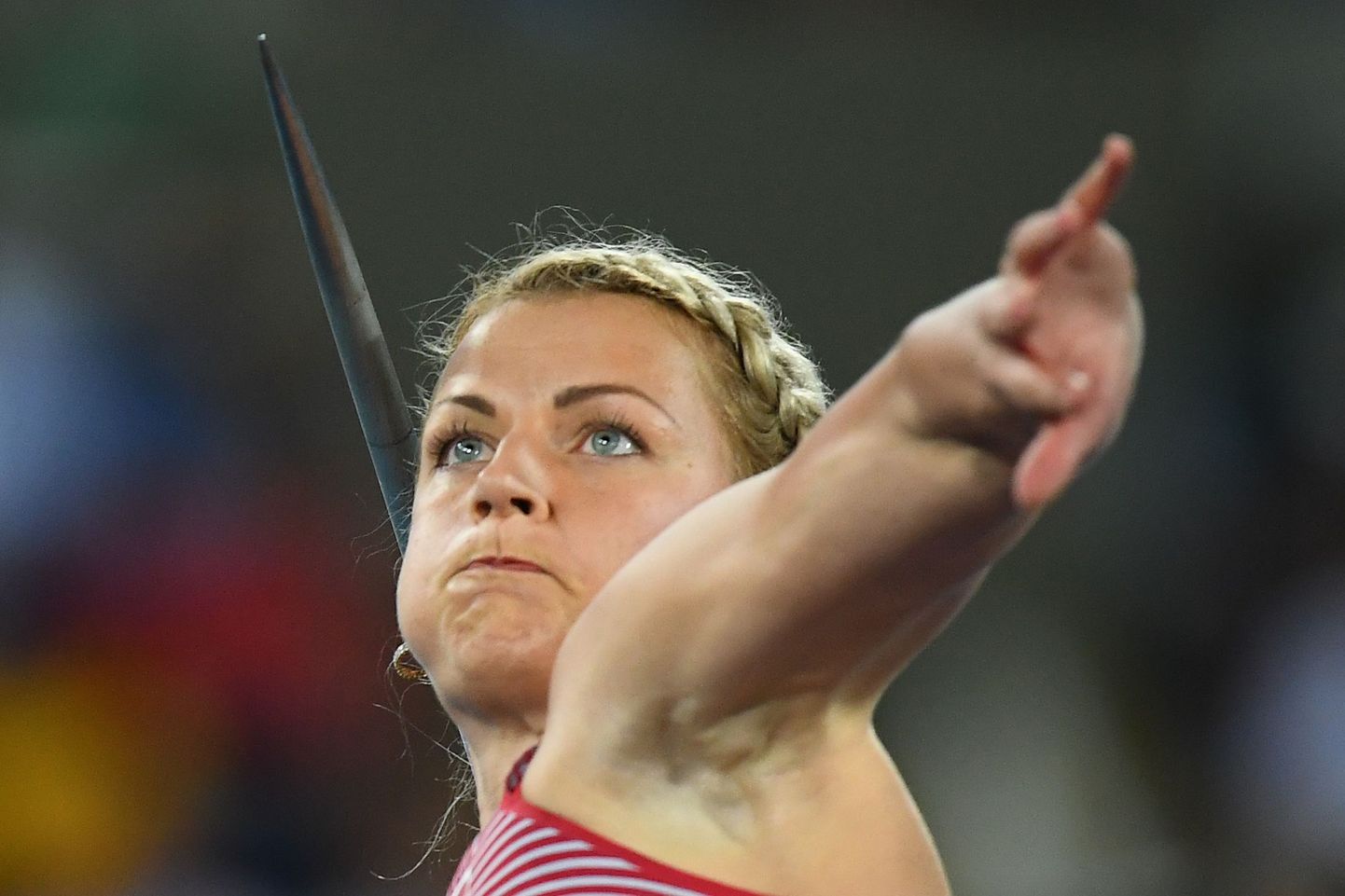 Latvia's Madara Palameika competes in the Women's Javelin Throw Final during the athletics event at the Rio 2016 Olympic Games at the Olympic Stadium in Rio de Janeiro on August 18, 2016.   / AFP PHOTO / FRANCK FIFE