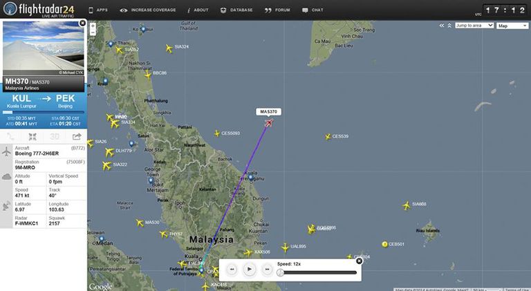 Lehekülje flightradar24.com kuvatõmmis, millel on näha Malaysian Airlinesi lendu MH370