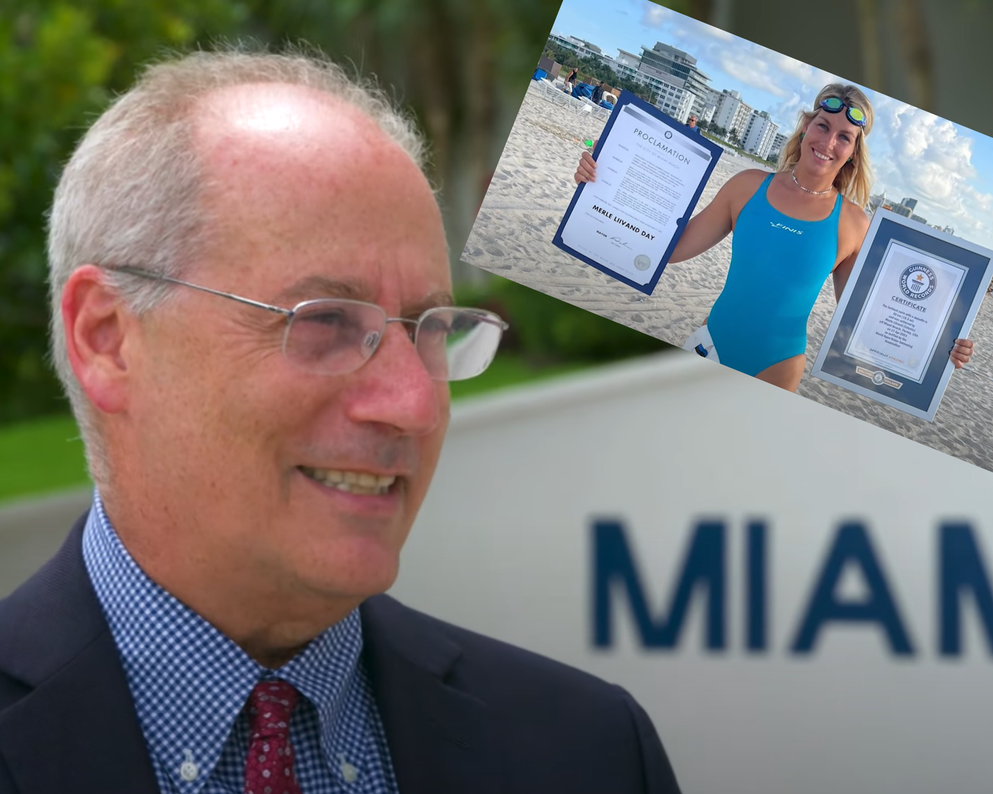 Miami Beachi linnapea Dan Gelber ja ujuja Merle Liivand.