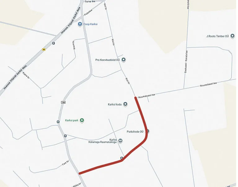Karksi külas asuvast Kivi tänavast tõotab suvel remonti minna ligi pool (punane joon) ehk see osa, mida kasutab ka kohalike suurettevõtete transport.