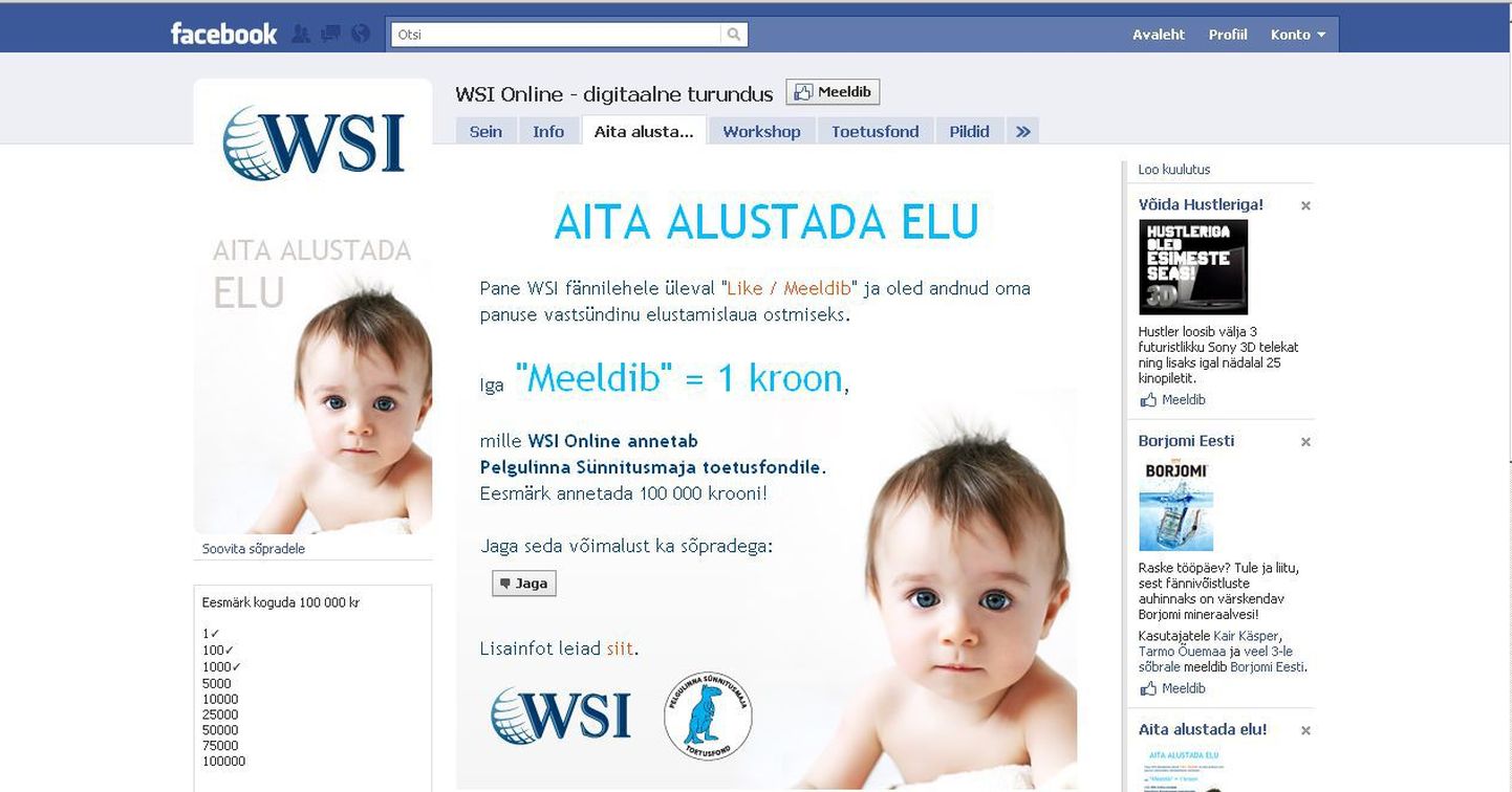 WSI Facebooki leht, kus saab Pelgulinna Sünnitusmaja toetuseks oma hääle anda.