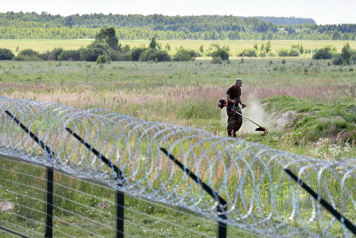 Ukraina sõdur Venemaa piiri ääres muru niitmas.