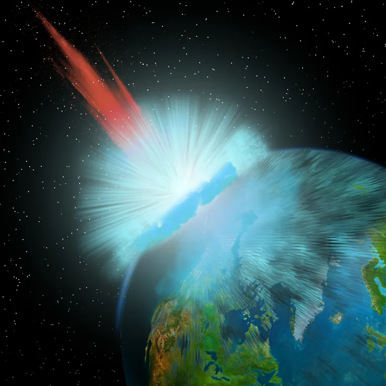 Arvutijoonis, millel on kujutatud Maa ja asteroidi kokkupõrget