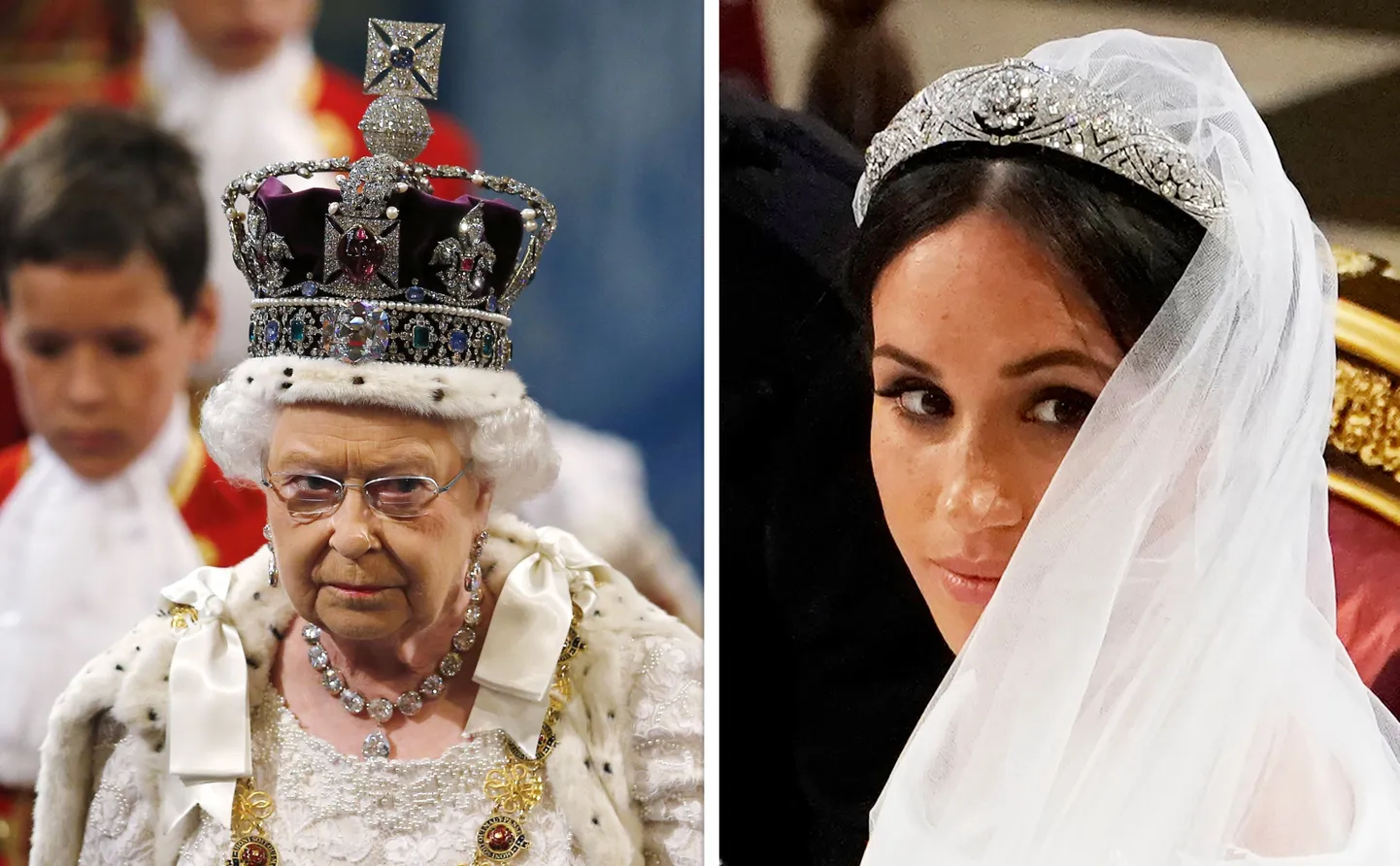 Kuninganna Elizabeth II briti kuningliku krooniga ning Meghan Markle oma pulmapäeval tiaaraga.