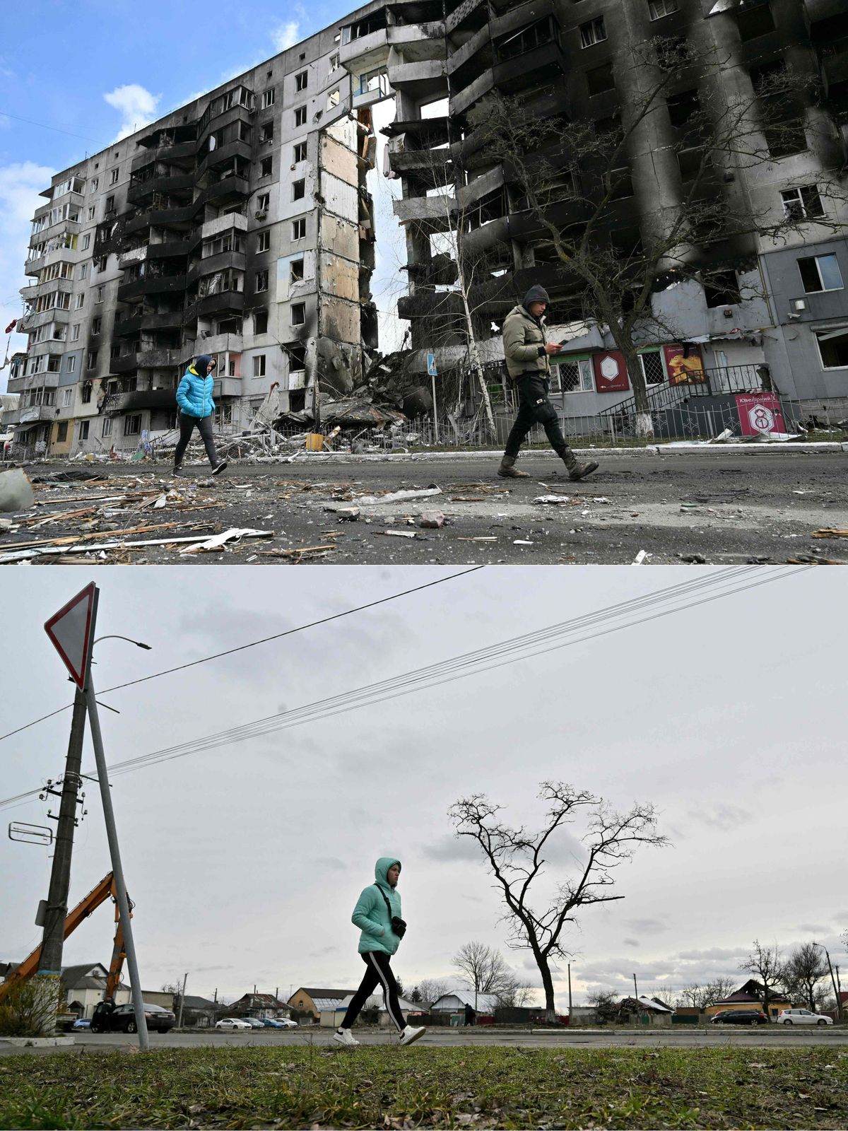 Augšā: nopostīta ēka Borodjankā 2022.gada 4.aprīlī. Lejā: tā pati vieta 2024.gada 11.februārī.