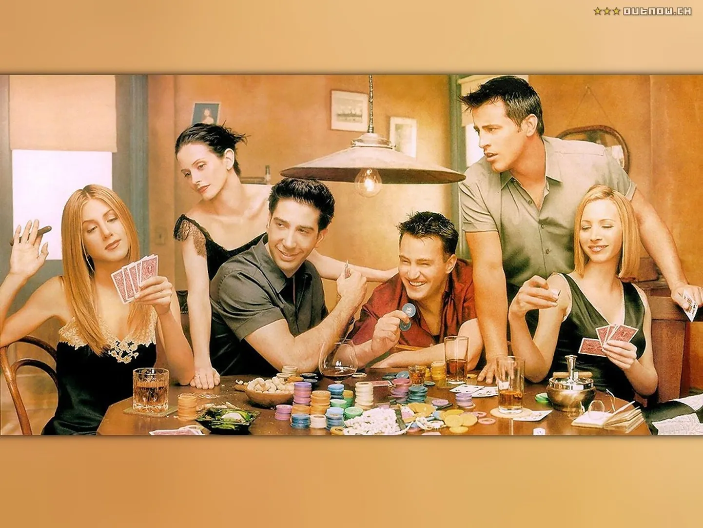 Vasakult: Jennifer Aniston (Rachel), Courteney Cox (Monica), David Schwimmer (Ross), Matthew Perry (Chandler), Matt LeBlanc (Joey) ja Lisa Kudrow (Phoebe).