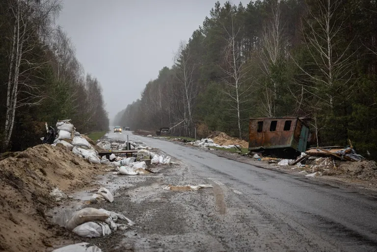 Crushed Civil defense checkpoint on the highway to Slavutych.